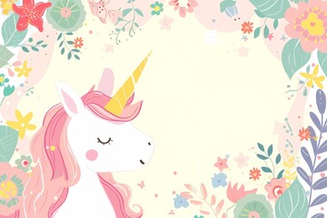 Obraz na płótnie Canvas Pastel Unicorn Background Frame. Unicorn Invitation Templates. Background with flowers