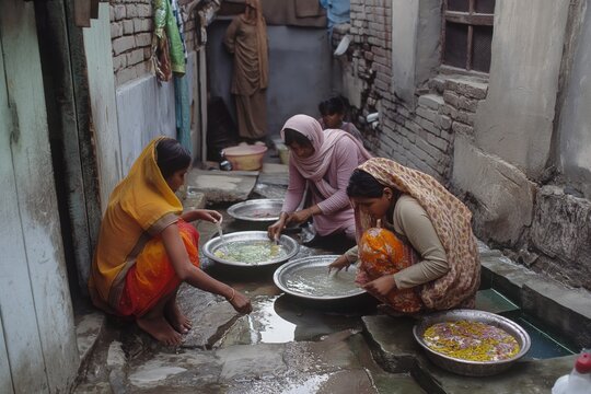Family members engage in morning ablutions in a narrow lane of their home