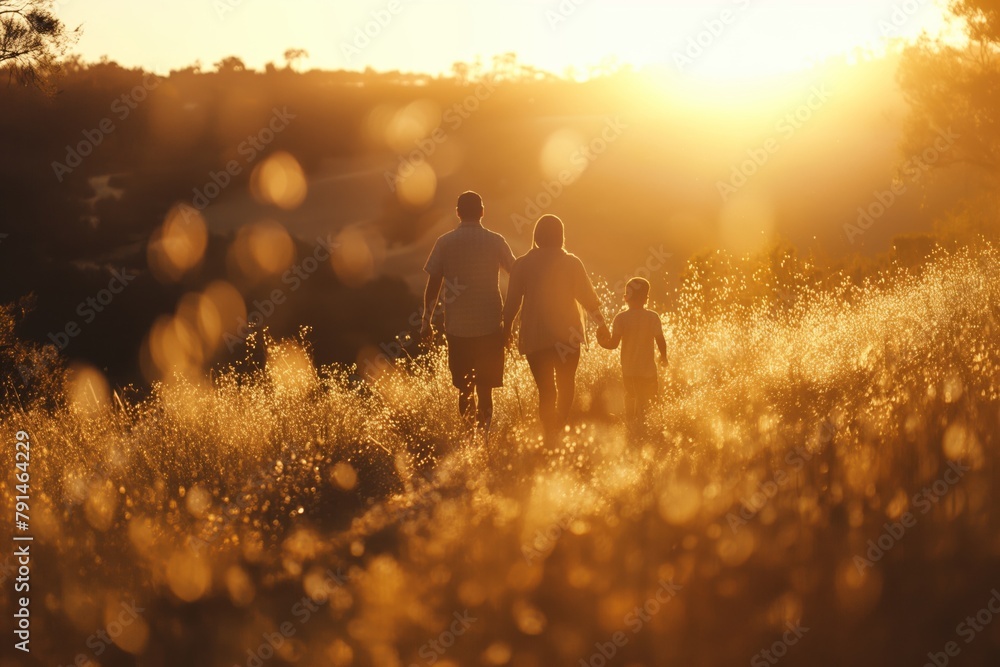 Wall mural A peaceful and tranquil golden sunrise family walk in the early morning light. Bonding and enjoying quality time together in nature. Silhouetted against the warm sunlight