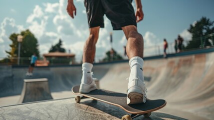 Fitness or training for trendy hobby: skateboarding, young man and skateboard in urban skate park....