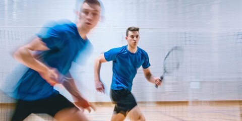 Copyspace-enabled squash match between two athletes. Fit Caucasian and mixed-race male sportsmen train together in a sports center. Motion blur, healthy cardio