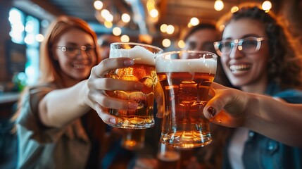 Joyful Friends Clinking Beer Glasses in Pub - obrazy, fototapety, plakaty