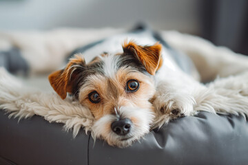 Cute small terrier dog resting comfortably on pet bed at home