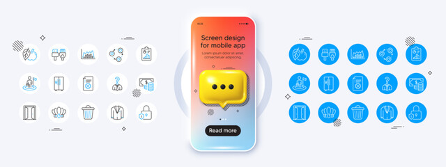 Phone mockup with 3d chat icon. Leadership, Infographic graph and Suit line icons. Pack of Apple, Refrigerator, Trash bin icon. Vector
