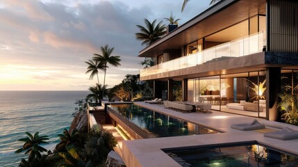 A contemporary architectural masterpiece perched on a cliffside overlooking the ocean, with sleek lines and floor-to-ceiling glass walls that blur the boundaries between indoor and outdoor spaces, 