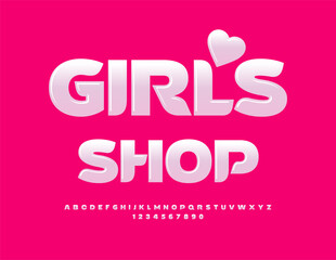 Vector stylish signboard Girls Store. Candy Style Font. Glossy White Alphabet Letters and Numbers set.