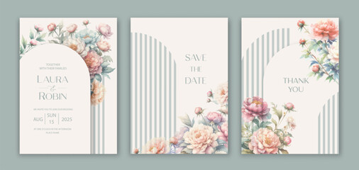 Floral vintage watercolor wedding invitation with peony flowers.