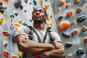 Obraz premium good looking african american man with alpine harness posing near climbing wall and looking away