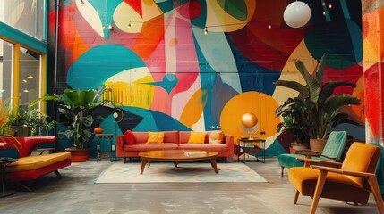 A contemporary art studio repurposed as a creative meeting space, its vibrant murals and eclectic furnishings providing an inspiring backdrop for brainstorming sessions and design workshops. 