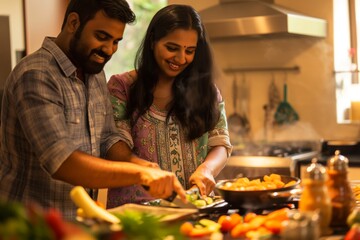 Smiling Indian couple collaboratively preparing a meal in a home kitchen setting, surrounded by fresh ingredients