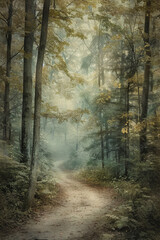 A narrow forest path disappearing into the distance, flanked by tall trees with minimal foliage. The muted color palette and soft natural light filtering through the canopy