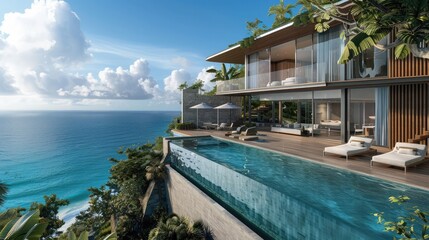 A contemporary beachfront villa with panoramic ocean views and sleek, modern interiors, featuring expansive decks and infinity pools that offer the perfect setting for enjoying the beauty of coastal 