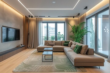 Fototapeta premium Fashionable spacious apartment with a stylish design in green, grey and white pastel colors with big window and decorative walls
