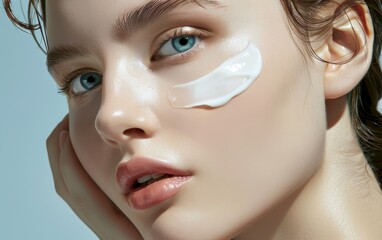 A woman with blue eyes and a white face cream on her face