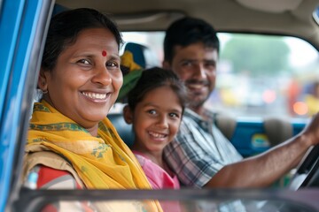 Indian family enjoying daily carpooling together in traditional attire, smiling and bonding while commuting to work and school, promoting sustainability and sharing cultural values in urban life