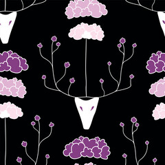 Vector black seamless pattern background: Black Flower Deer.