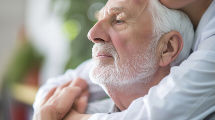 Portrait of an elder man resting in a hug