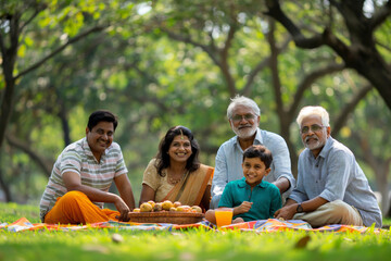 Joyful Indian family sits together on a picnic blanket in a lush park, sharing smiles and quality time outdoors