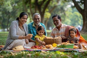 Happy Indian family sharing food and laughter during a picnic in a lush green park
