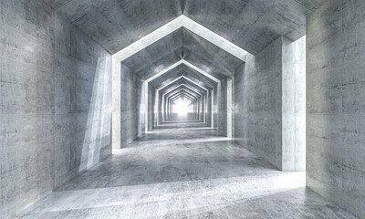 Futuristic concrete corridor with illuminated end