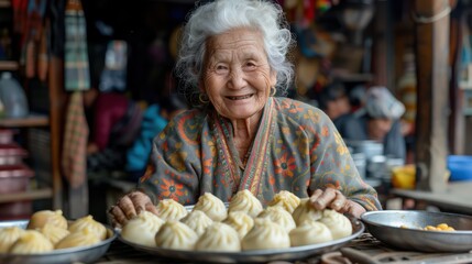 Elderly woman's delighted tasting of Nepalese momo in Kathmandu.