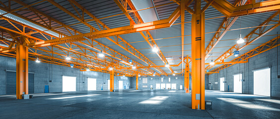 Industrial warehouse interior with orange steel beams - 791465625