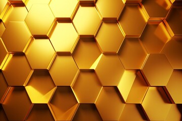 Gold background with hexagon pattern, 3D rendering illustration. Abstract gold wallpaper design for banner, poster or cover with copy space for photo text or product, blank empty copyspace. 