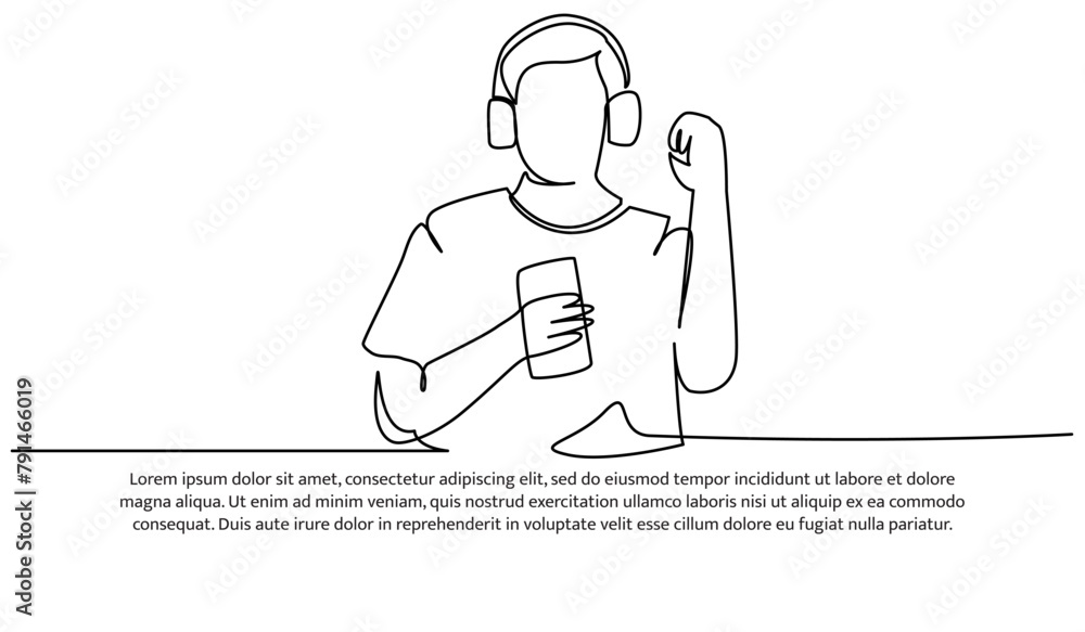 Poster continuous line design of listening to music using a headset. single line decorative elements drawn 