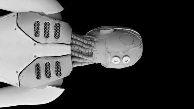 vertical humanoid prototype robot artificial intelligence connected to the brain back view black background 3d rendering animation 