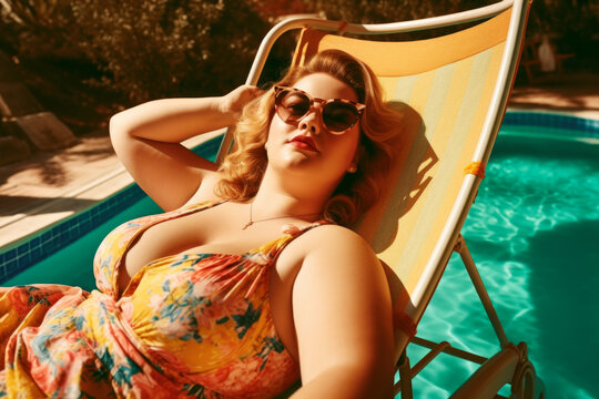Beautiful happy chubby plus size model enjoying her vacation on the beach in a sun lounger by the pool, retro style