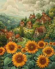 A fantasy landscape of giant sunflowers and miniature houses, watercolors creating whimsy