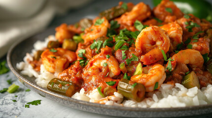 shrimp creole  with green peppers in red sauce over rice, on grey plate New Orleans style food...
