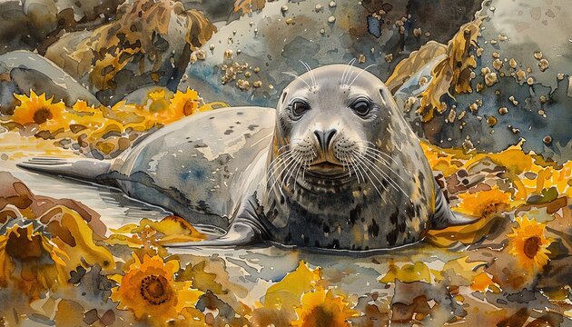 A seal on a sunflowercovered beach, with watercolors depicting an unusual yet peaceful habitat