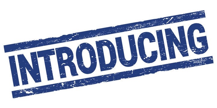 INTRODUCING text on blue rectangle stamp sign.