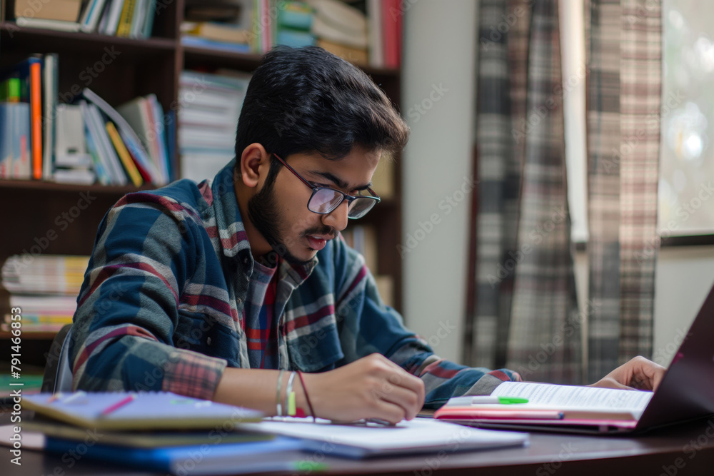 Poster focused indian student organizes textbooks while studying in a library setting