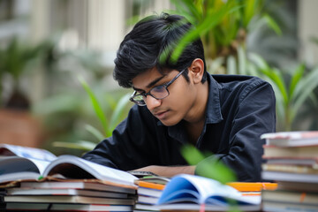 Young Indian male student studying diligently with textbooks outdoors. Immersed in peaceful nature. Wearing glasses
