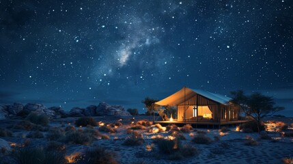 Nestled beneath a dark starry sky a single tent exudes a sense of calm and seclusion inviting guests to disconnect and immerse themselves in the peacefulness of the 2d flat cartoon. - obrazy, fototapety, plakaty