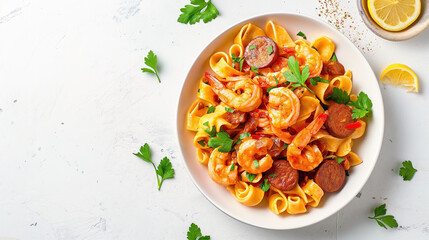  Pappardelle pasta with shrimp and sausage in tomato sauce on white background, top view or flat lay style.  French pasta dish in a bowl,  for a cooking magazine or restaurant menu concept.