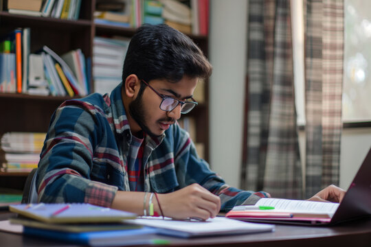 Focused Indian student organizes textbooks while studying in a library setting