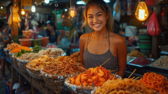 Asian female laugh vendors over delicious dishes at a Philippine market