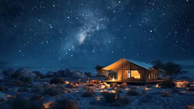 Nestled beneath a dark starry sky a single tent exudes a sense of calm and seclusion inviting guests to disconnect and immerse themselves in the peacefulness of the 2d flat cartoon.