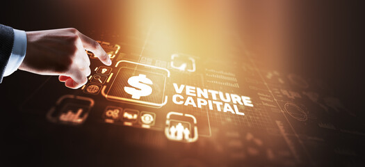 Venture capital. Investor capital. Businessman pressing virtual screen inscription - 791467026