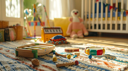 baby toys including a xylophone tambourine and maracas arranged on a blanket in a sunny playroom inviting little ones to explore rhythm and sound. - Powered by Adobe