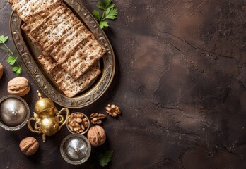 A greeting card template for celebrating the Jewish Passover. Matzoh bread, walnuts, and seder on a dark gray marble background. Jewish Passover holiday concept. With place for text	
