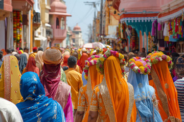 People dressed in vibrant attire taking part in a traditional street procession