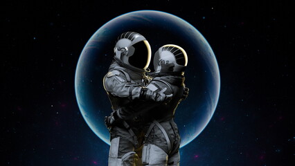 Two astronauts in a tender embrace against the backdrop of a luminous Earth, under a starlit sky. Love. 3d render