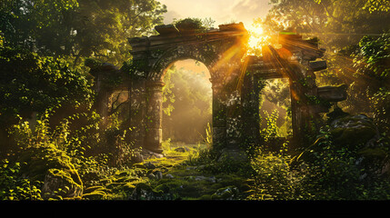 Fantasy forest landscape with stone ruins and bizarre
