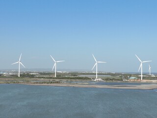 静岡県磐田市の風力発電所を空撮した風景