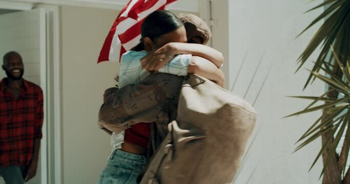 Family, soldier and embrace for love and homecoming, veteran and hugging in reunion. Army man, national war hero and returning from patriotic duty, american flag and bonding together in outdoors