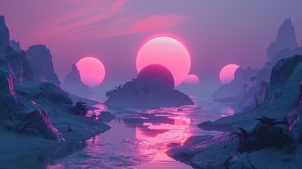 The image is a beautiful landscape with a large pink sun setting over a body of water. - Powered by Adobe
